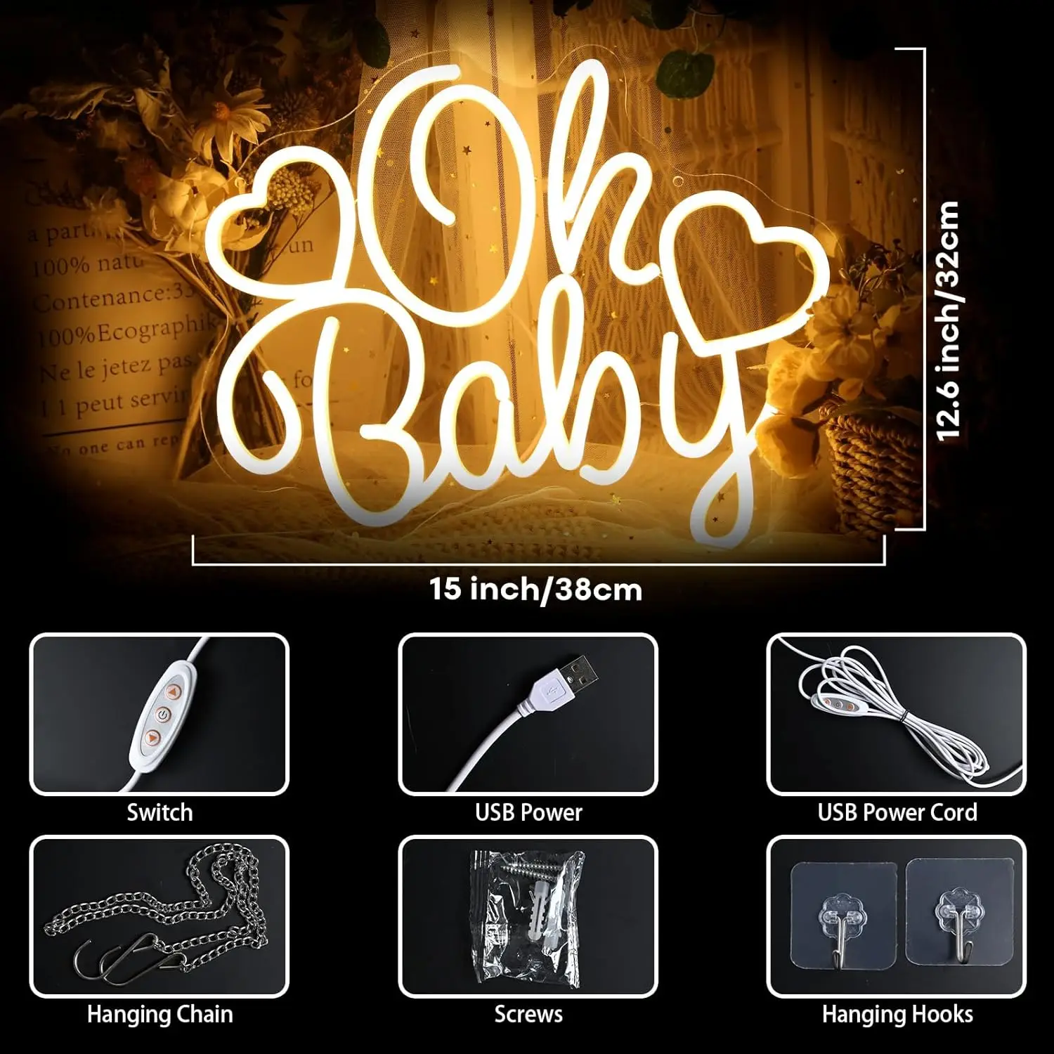 Oh Baby Heart Shaped Love Neon Sign Romantic LED Light for Bedroom Wedding Nursery Decor Valentines Day Gift White Glow Wall Art