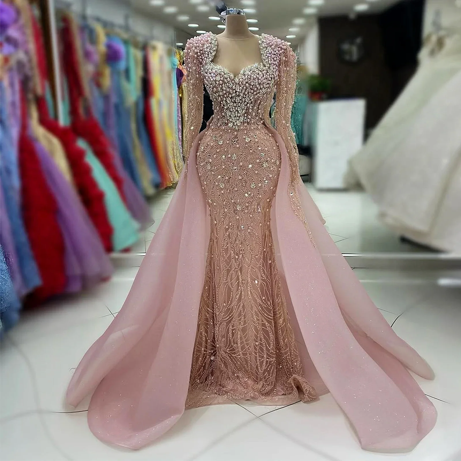 

Элегантные розовые вечерние платья-русалки с кружевом, бисером и кристаллами, со съемным шлейфом, для вечеринок и выпускных балов, элегантные праздничные платья