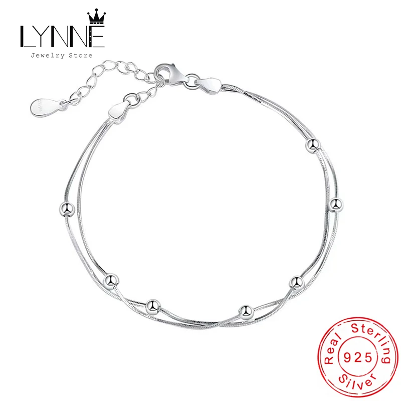 

925 Sterling Silver Elegant Simple Double Layer Small Bead Snake Chain Bracelet Women Jewelry Fashion Sexy Multilayer Hand Chain