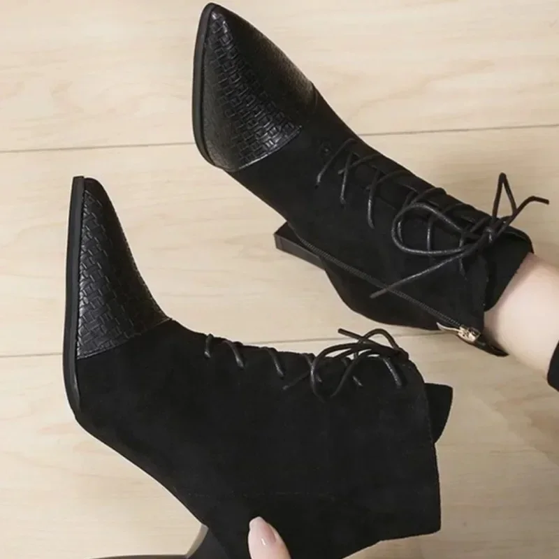 

2025 Winter Hot Front Lace-up Women's Boots Fashion Side Zipper Office and Career Sexy Pointed Toe High Heels Shoes for Women 40