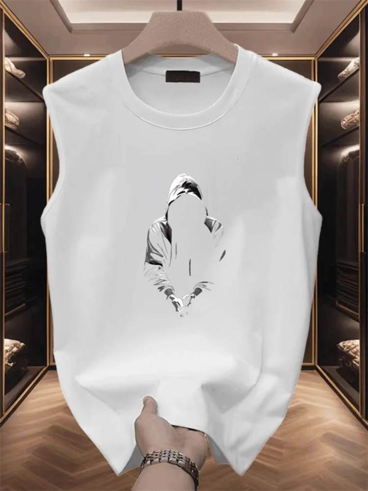 High-End Summer round Neck Sleeveless T-Shirt Vest Men's American Style Fitness Creative Print Pure Cotton Upper Apparel