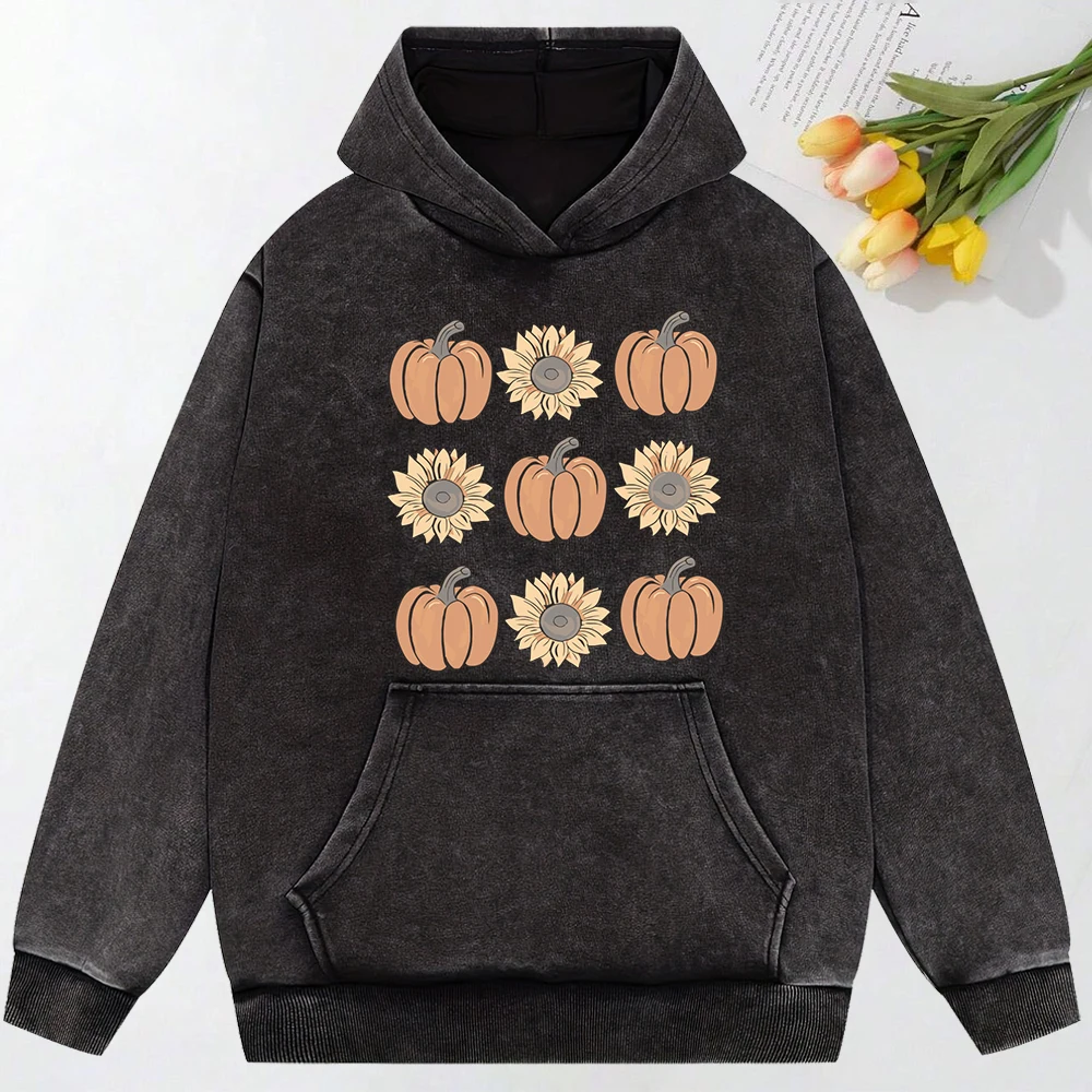 Pumpkin Sunflower Printed Women Washed Hoodie Fashion Multicolor Hoodies Casual Oversize Streetwear All-Match Cotton Hoody Soft