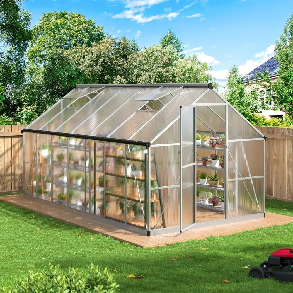 Greenhouse for Outdoors 8x14 FT, Quick-fit Structure Greenhouse with Window for Ventilation, Polycarbonate Aluminum Greenhouse