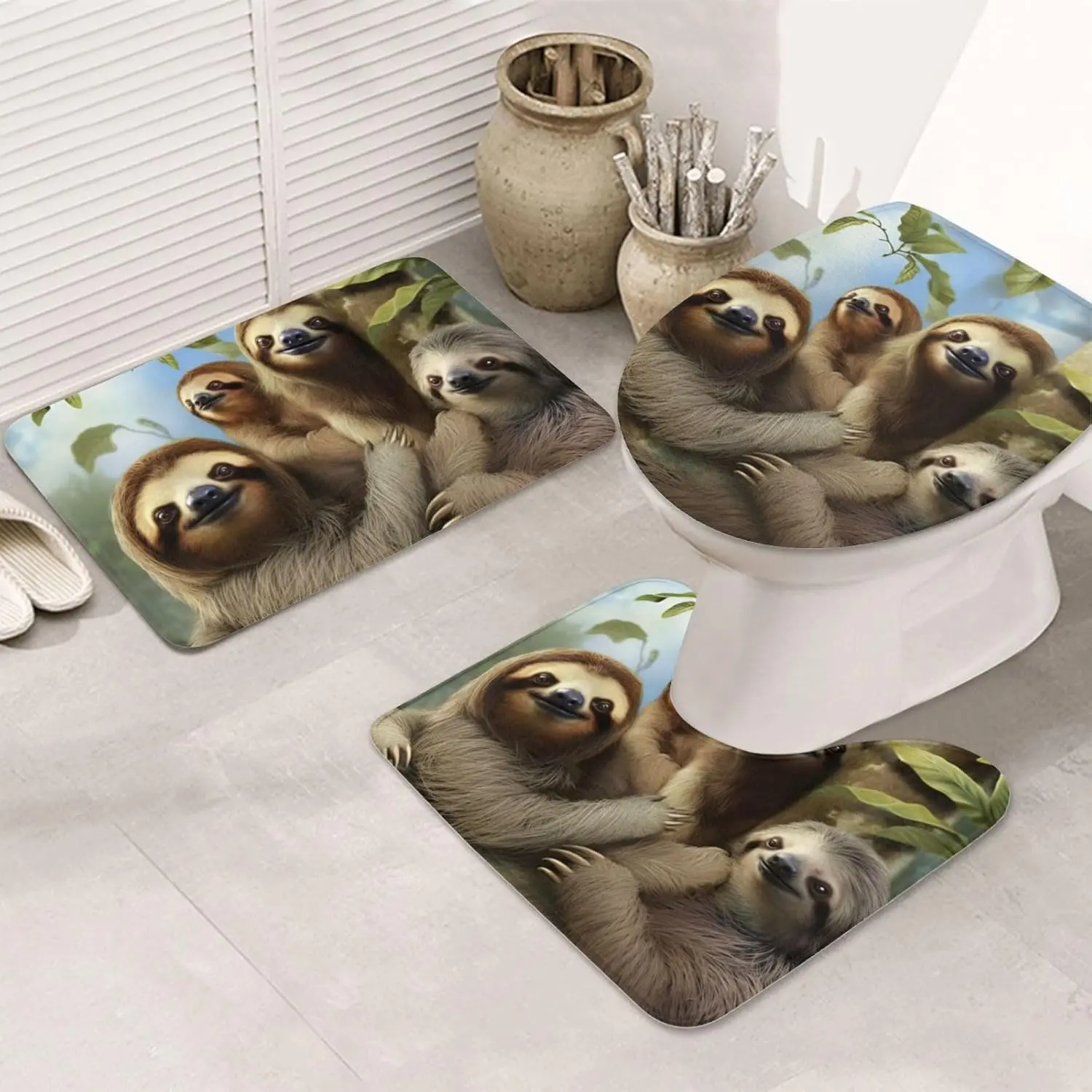 Sloth Family Bathroom Rugs Sets 3 Piece, Non Slip Absorbent Bath Rug U-Shaped Contour Toilet Rug with Toilet Cover