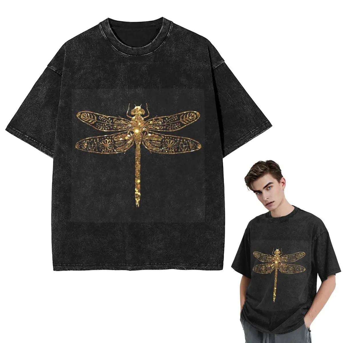 Streetwear T-Shirts Fancy Gold Glitter Dragonfly Washed T Shirt Short Sleeve Hip Hop T-Shirt Tops Tees for Men Women