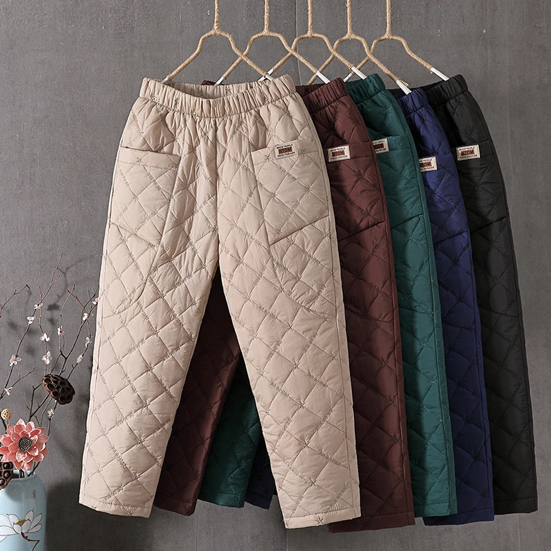 

Women Winter Warm Pants Elastic Waist Quilted Padded Trousers Casual Loose Warm Down Cotton Harem Pants Snow Pants