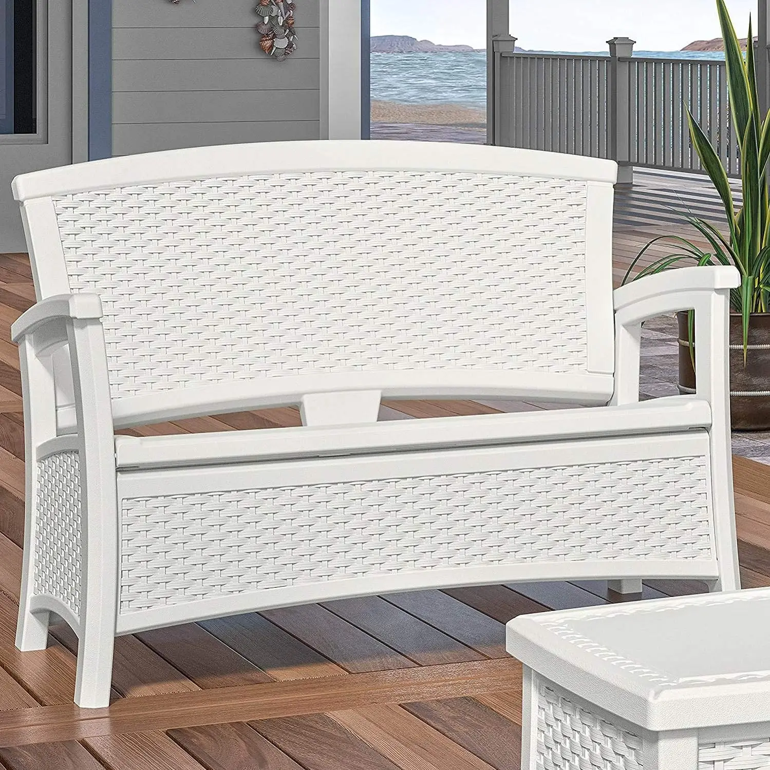 Suncast Elements Stylish Lightweight Loveseat Outdoor Seating with Convenient Built In Universal Storage, and All Weather