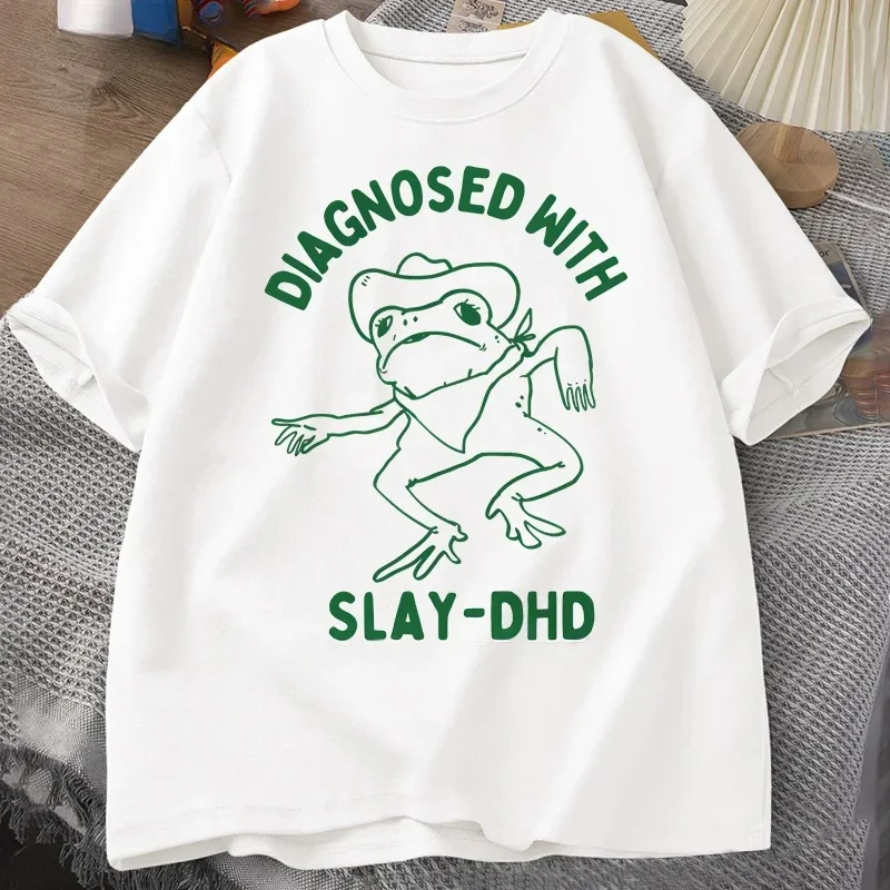 

Diagnosed with Slay-dhd Women Men T-shirts Funny Travel Clothing Summer Frog Graphic Tshirt Unisex Short Sleeve Tees oversized