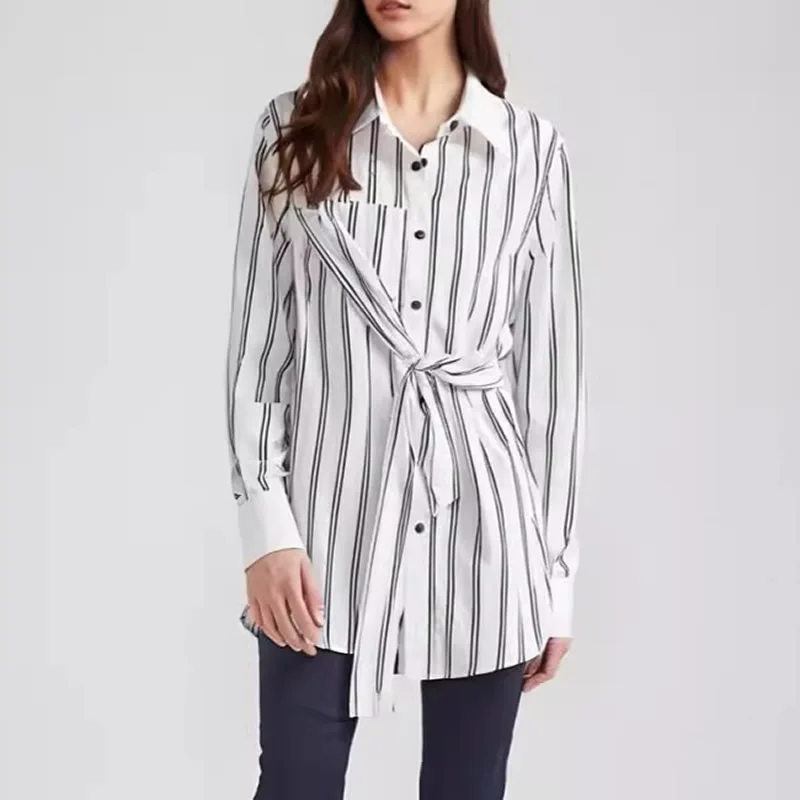 

New Arrival Women Striped Turn-down Collar Long Sleeve Blouses