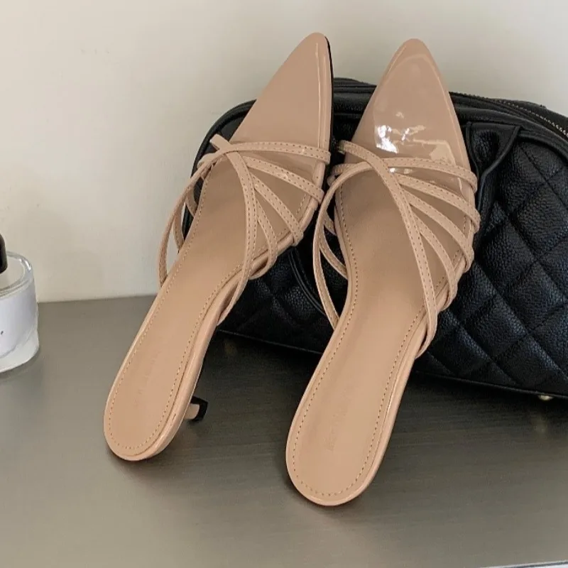 Summer Women Pointed Toe Thin Strap Kitten Heel Slide Mules Sexy Backless Slip on Sandals Daily Party Dress Shoes Zapatos Mujer