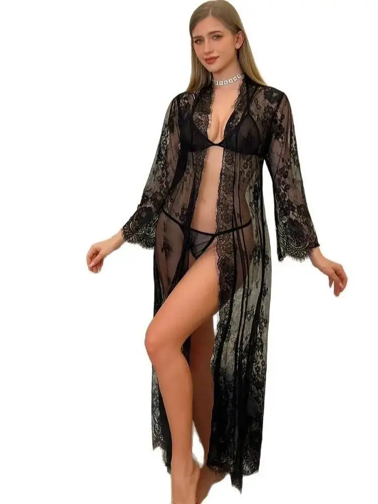 New Sexy Lace Trimmed Mesh Long Dress Charming Splicing Nightgown Sheer Sleepwear Transparent Casaul Elegant Long Dress 9FZE