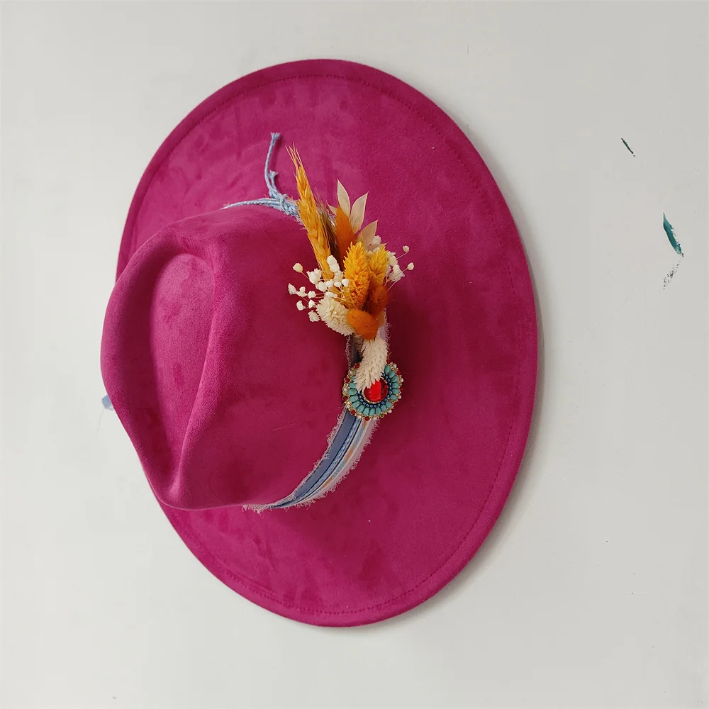 9.5CM Wide Brim Suede Hat for Men and Women Autumn and Winter Retro Fedora Hat Fashion Dried Flower Accessories Hat Wedding Hat