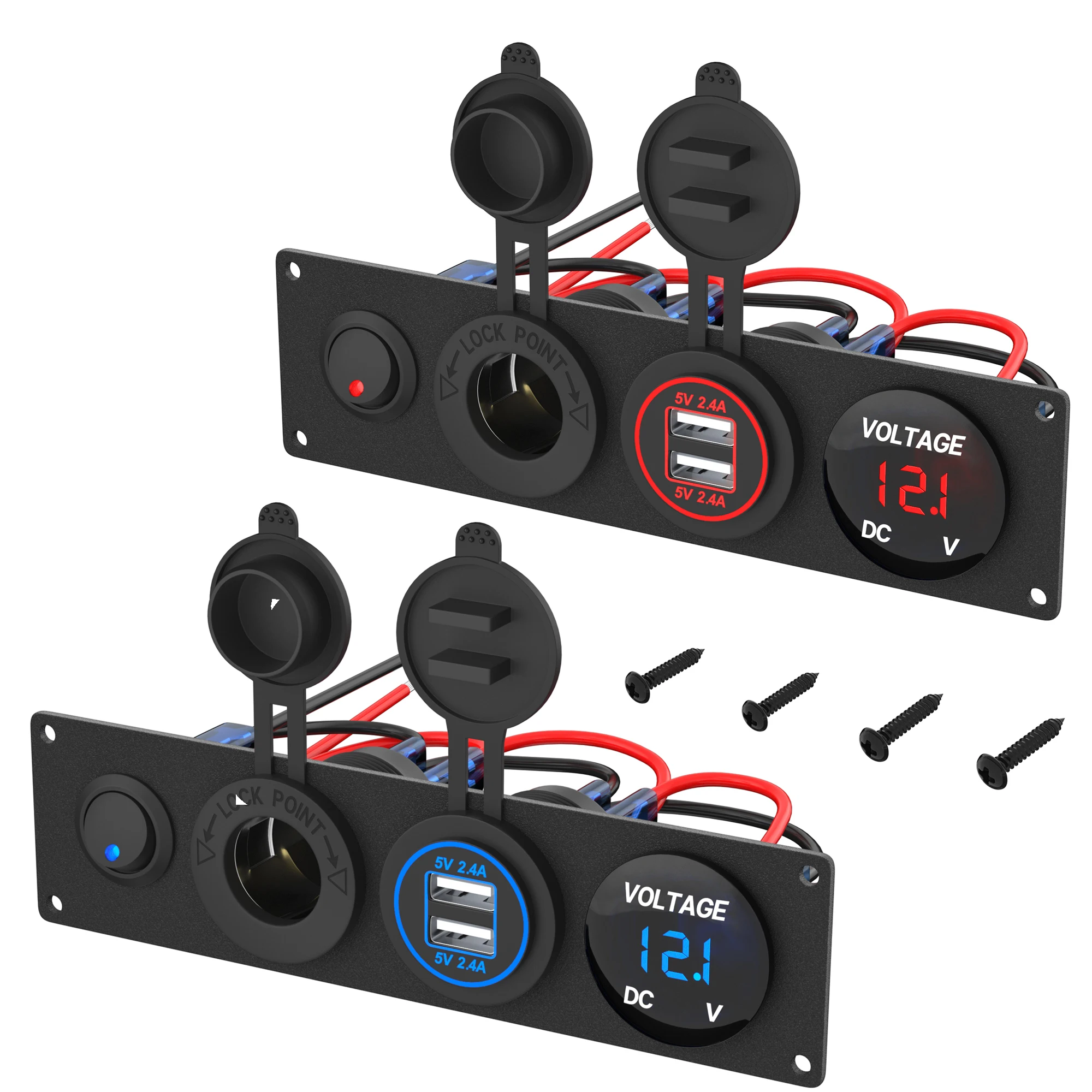 4 in 1 12V USB Panel with LED Voltmete & Dual USB Charger Socket Power & Cigarette Lighter Socket & LED Lighted Toggle Switch
