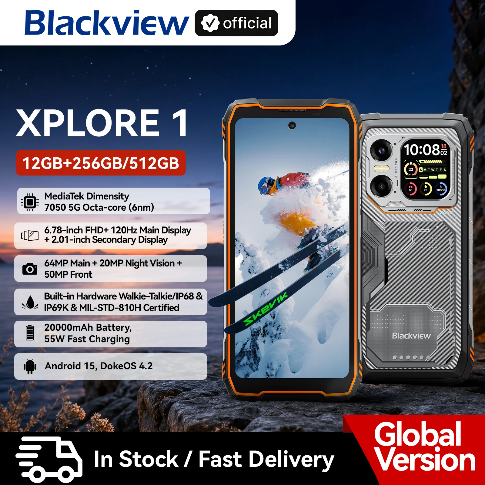 Blackview XPLORE 1 Outdoor 5G Rugged Smartphone Android 15, 6.78'' 2.4K Display, 16GB+512GB, 20000mAh, Waterproof Mobile Phone