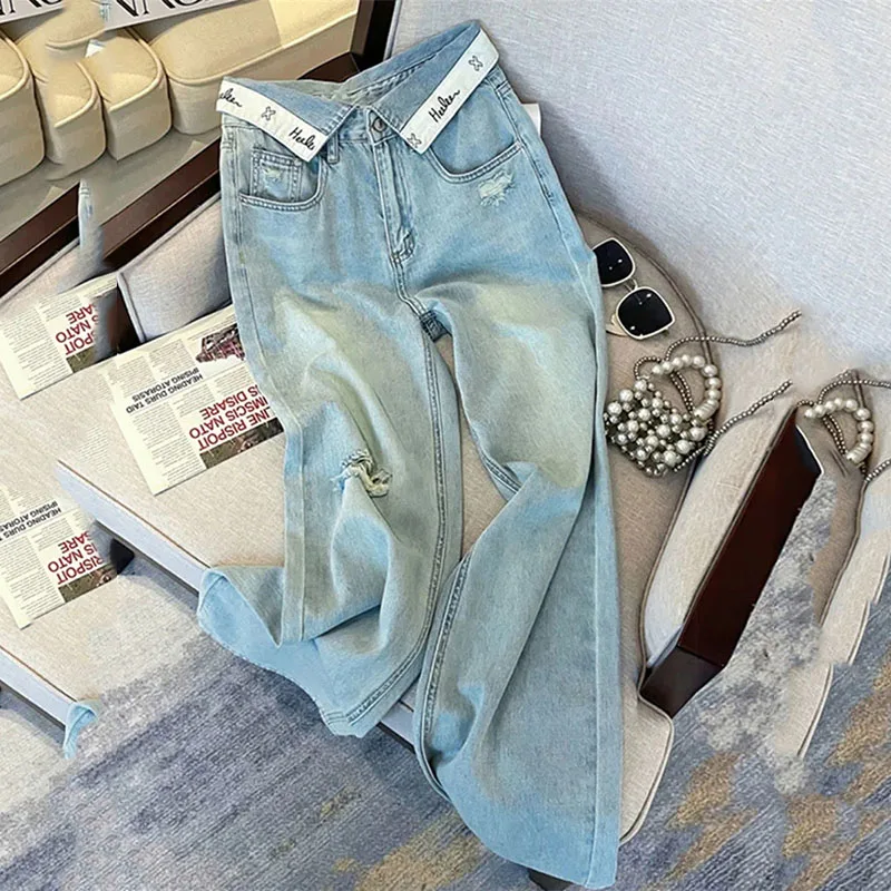 

Retro hemmed Casual Letter Jeans Women Street Chic Loose Denim Pants Female Summer High Waist Straight Wide Leg Trousers Lady