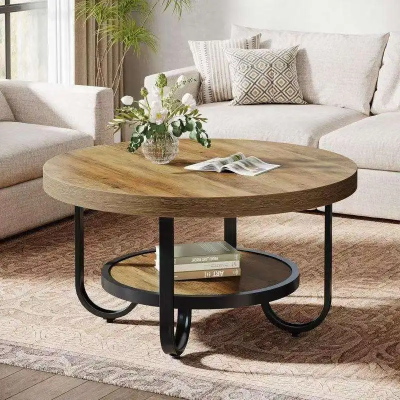 *Modern 2-tier Round Coffee Table, Wooden with Storage Shelf, 31.5