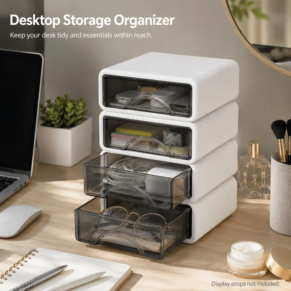 Pearl White 4-Piece Stackable Plastic Drawer Organizer Set for Desktop Cosmetics Stationery Dorm Office Small Items Storage