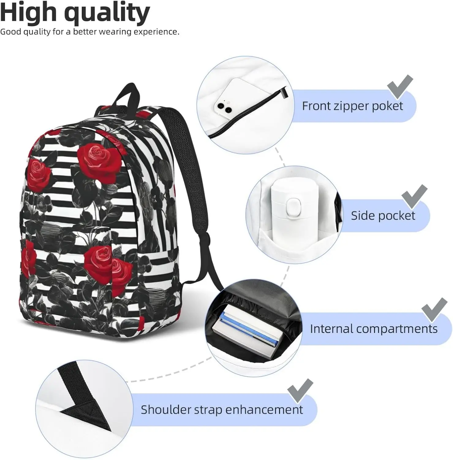 Black White Stripes Red Rose Flowers Print Stylish Canvas Backpack,Travel Backpack With Pockets,For Hiking And Daily Use