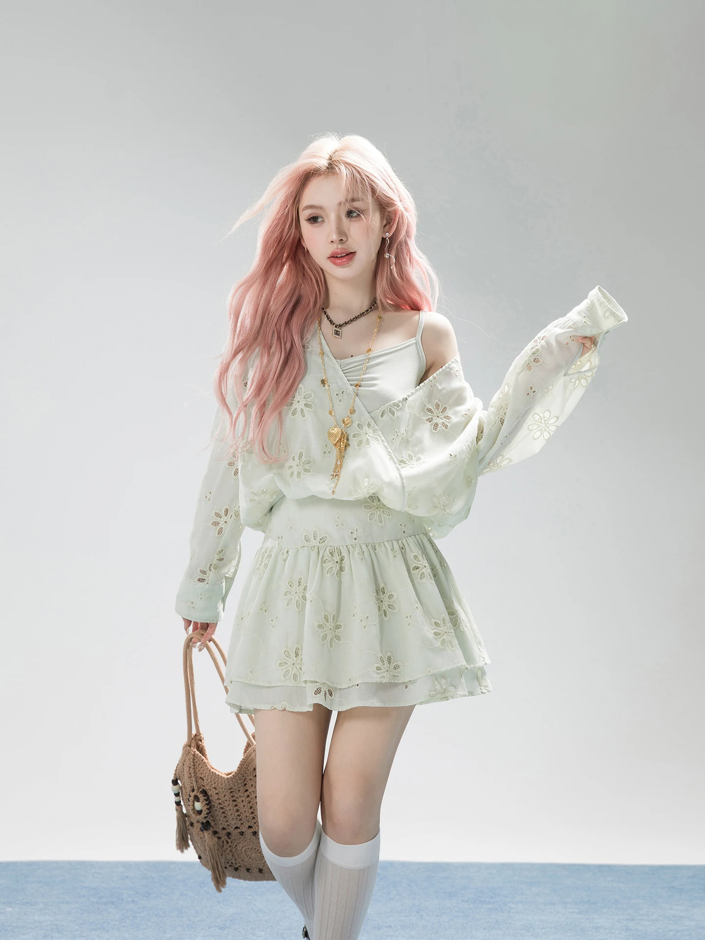 

ONEOFUUU Floral Embroidered Shirt And A-Line Skirt Set Women's Spring Fashion Casual Loose Fit Cotton Blend Outfit