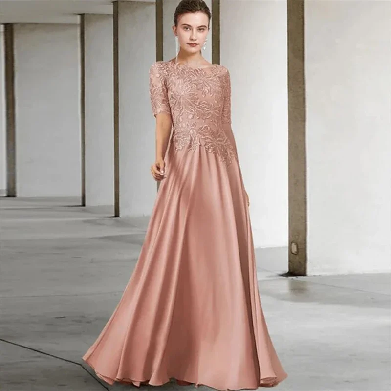 Mother of The Bride Dresses Pink Chiffon Short Sleeves Wedding Guest Gowns Lace Applique Long A-Line Evening Robe Soirée Femme