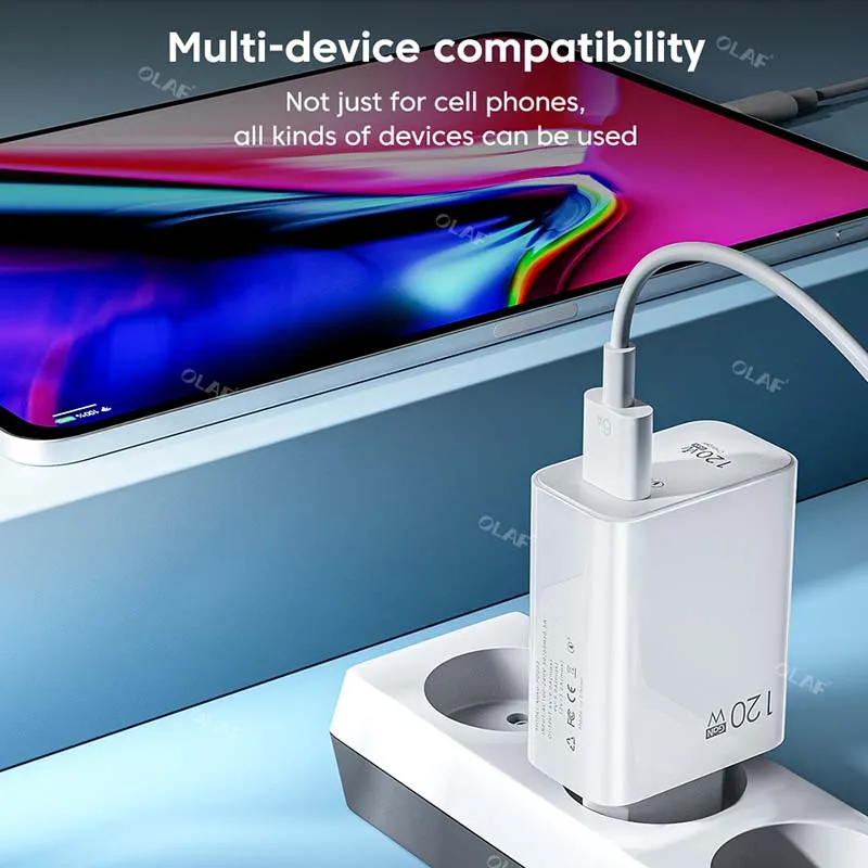 OlPG-Chargeur USB 120W, adaptateur secteur QC 5.0, charge rapide pour iPhone 13 Pro, 11, 12, Xiaomi, Samsung, SnapUSB, câble de type C