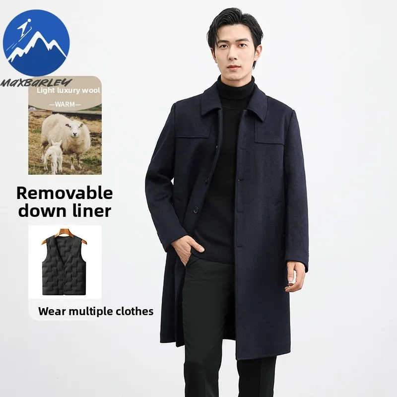 Maxbarley Mens Wool Blends Coat Mid Length Winter Working Thickened Wool Jacket Detachable Down Vest Business Casual Trench