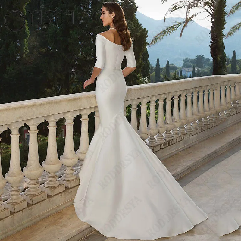 Oyisha semplice abito da sposa a sirena con scollo a v per donna mezze maniche in raso festa nuziale elegante abito senza schienale De Mariée su misura Semplice abito da sposa a sirena con scollo a V per le donne Mezze