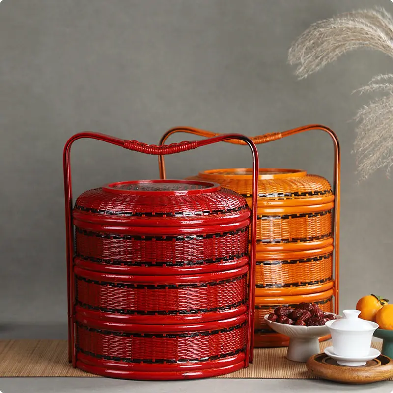 Retro Bamboo Portable Storage Box New Year's Gift Basket Hotel Household Dim Sum Storage Food Box Picnic New Year's Gift Basket