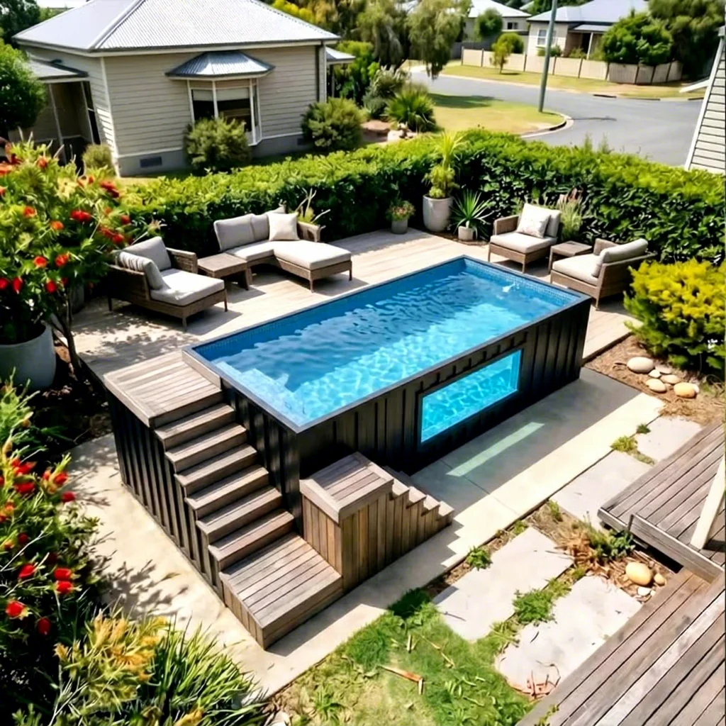 Prefab WPC Clad Container Pool Panoramic Acrylic Window High-end Above Ground Plunge Swimming Pool for Modern Backyard GardenSpa