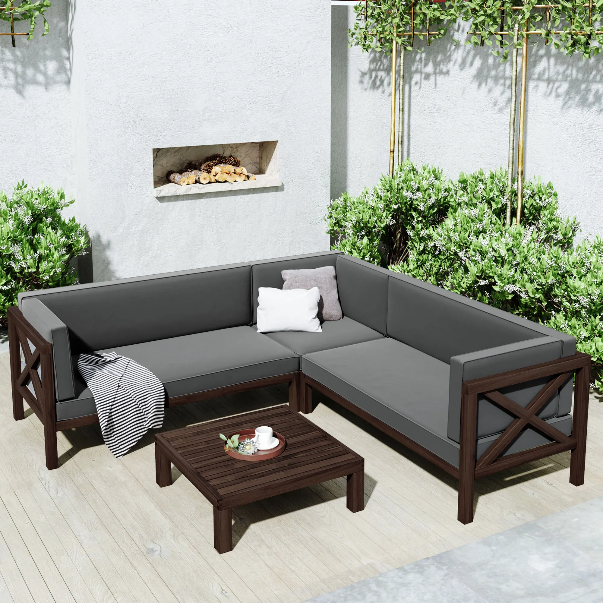 Outdoor furniture Set Wood Patio Backyard 4-Pc Sectional Seating Group with Cushions and Table X-Back Sofa Set for Small Places