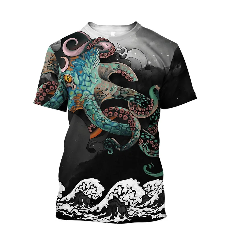 Men\'S New Summer 3d Printing Hd Printed O-Collar Short Sleeve T-Shirt Ocean Octopus Art Personality Retro Plus Size Loose Top