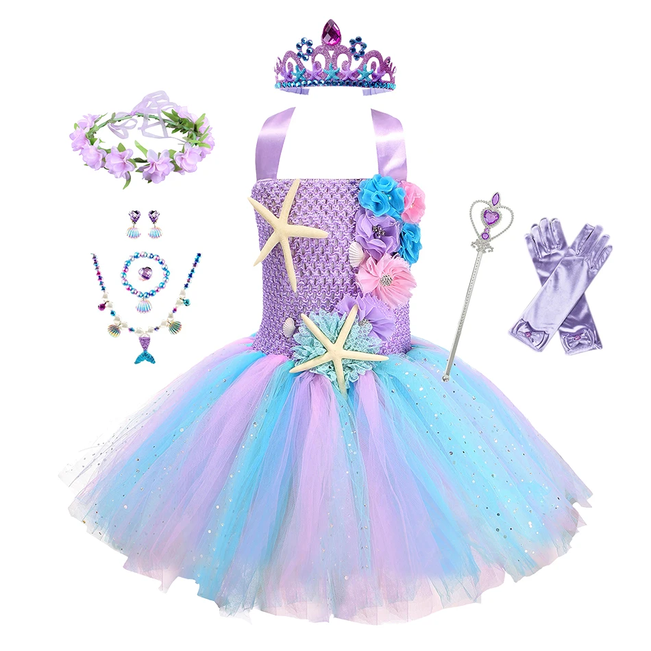 Girls Pastel Ariel Mermaid Tutu Dress the Sea Theme Party Costume with Flower Headband Ocean Flower Purple Birthday Dress