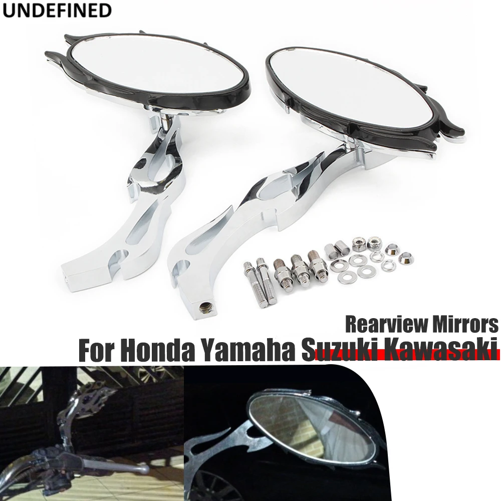 

Mirrors Rear Side Mirror For Honda Yamaha Suzuki Kawasaki Cruiser Chopper Motorcycle Mirrors Rearview Chrome Flame Oval Custom