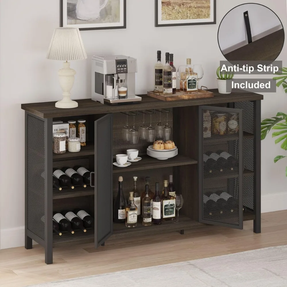 Wine Bar Cabinet for Liquor and Glasses, Farmhouse Sideboard and Buffet Cabinet with Storage(55 Inch, Walnut Brown)