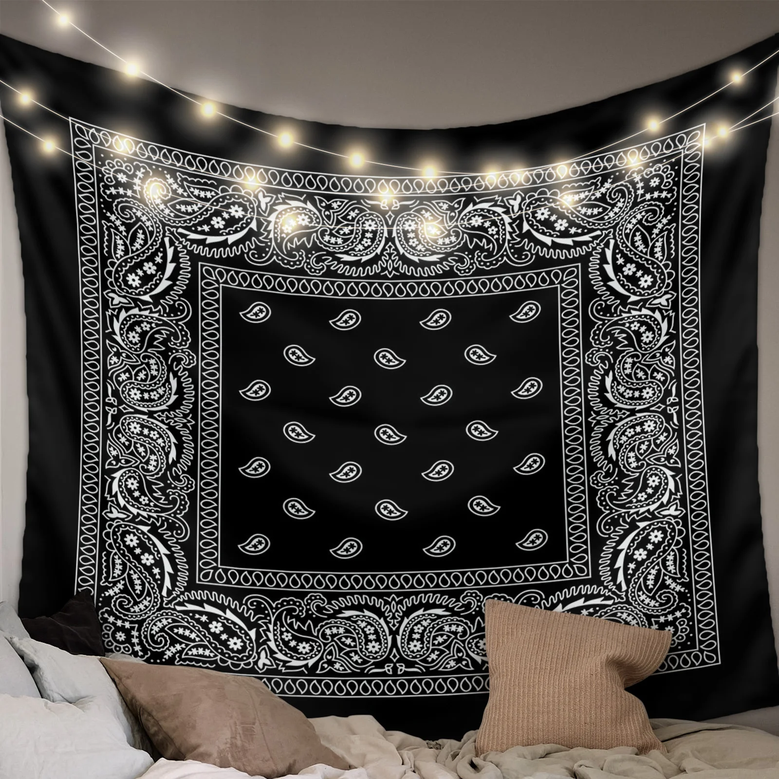 Bandana Black Tapestry Wall Hanging Fabric Hippie Beach Blanket Living Room Decor Bedroom Background Carpet Cloth Covering