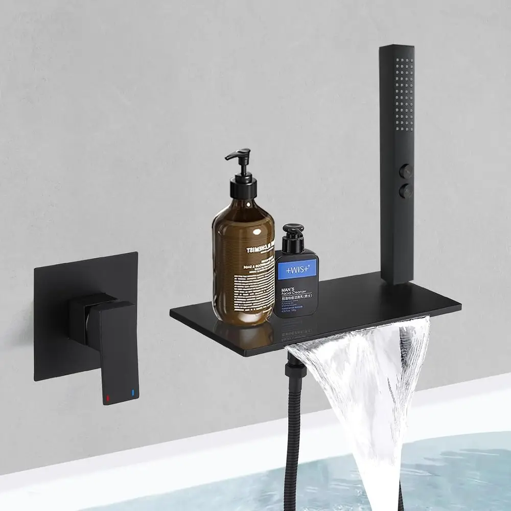 

Waterfall Bath Tub Faucet with Handheld Sprayer, Wall Mount Bathtub Faucet Set Modern Tub Filler with Brass 2 In 1 Handheld Show