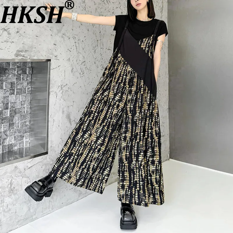 HKSH Women Chic Thin Overalls Asymmetric Printed Patchwork Color Block Versatile Adjustable Strap Trend Pants New Summer HK12022