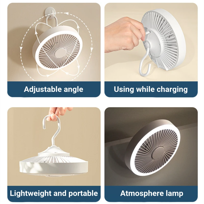 2000mAh Camping Fan Rechargeable Desktop Portable Air Circulator Wireless Ceiling Electric Fan with Remote Control LED Lighting