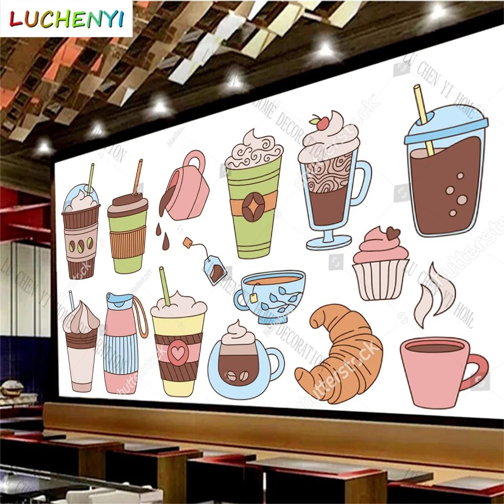 Custom bubble tea coffee milk shake dessert mural wallpaper restaurant drinking shop dining room wall papers home decor sticker