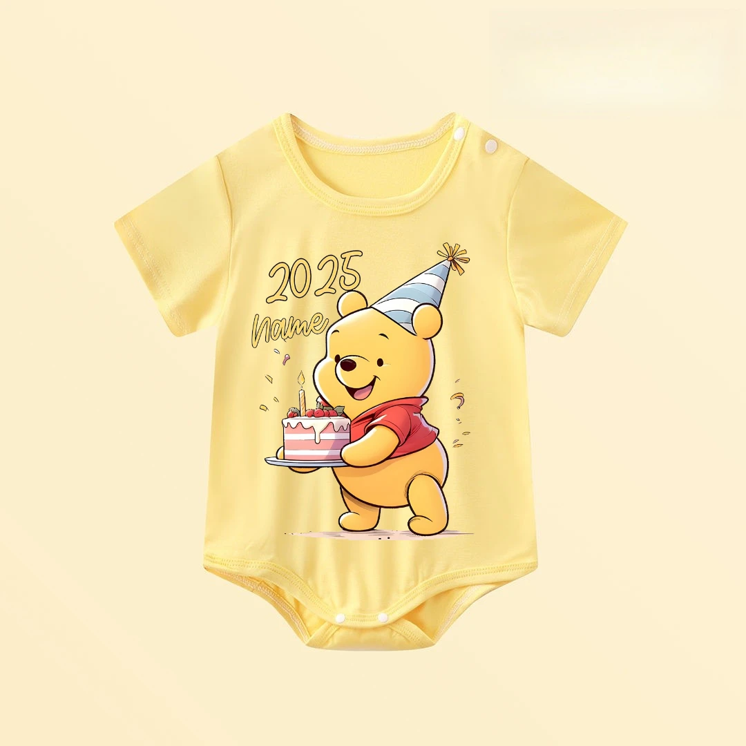 

Disney Pooh Bear 2025 Baby Girl'S Pink Short Sleeve Jumpsuit Cute Cartoon Design with Birthday Cake Party Hat Perfect Gifts