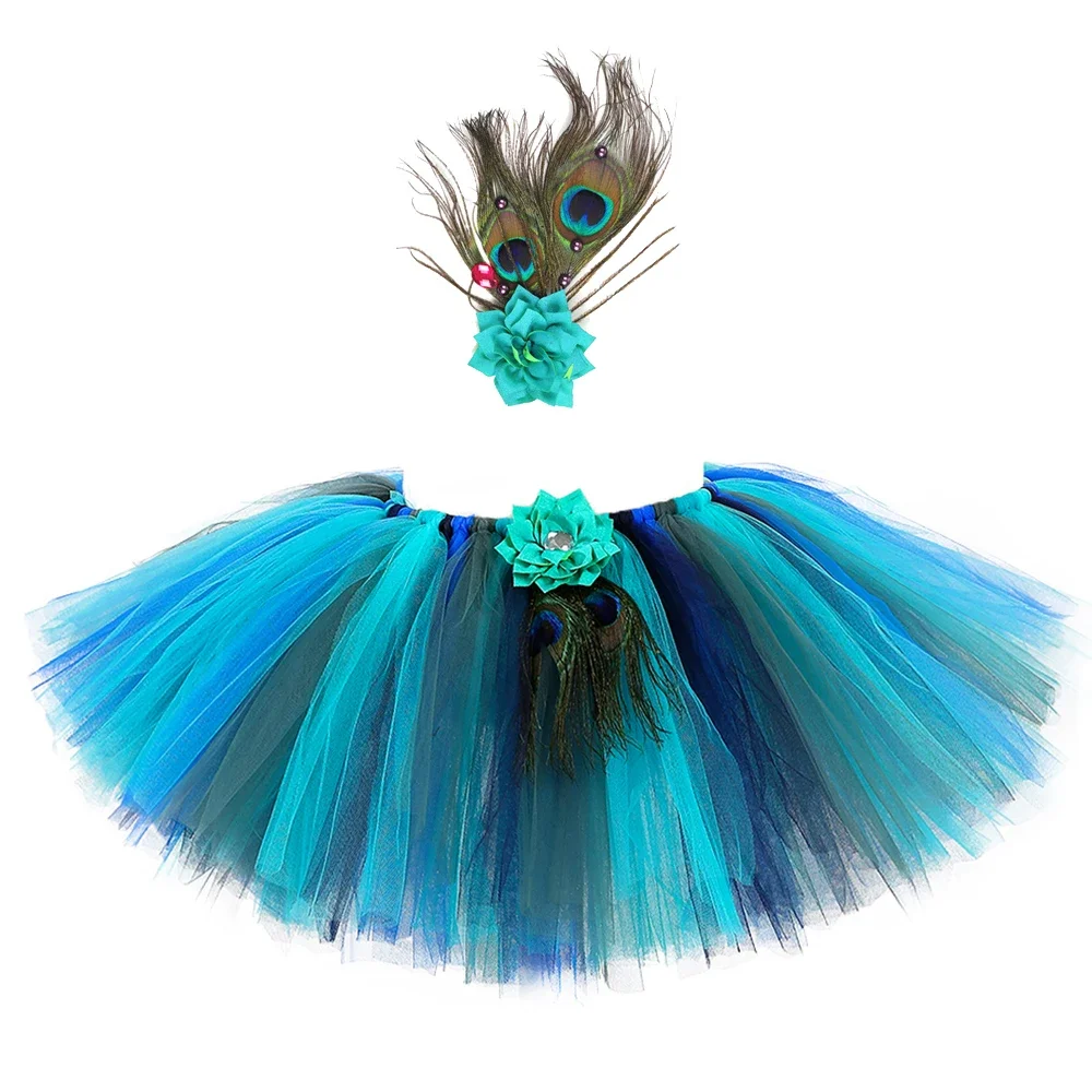 2-14 YearsFeather Peacock Fluffy Skirt Women Adult Birthday Party Role Play Tutu Halloween Pageant Peacock Animal Costume For Te view 6