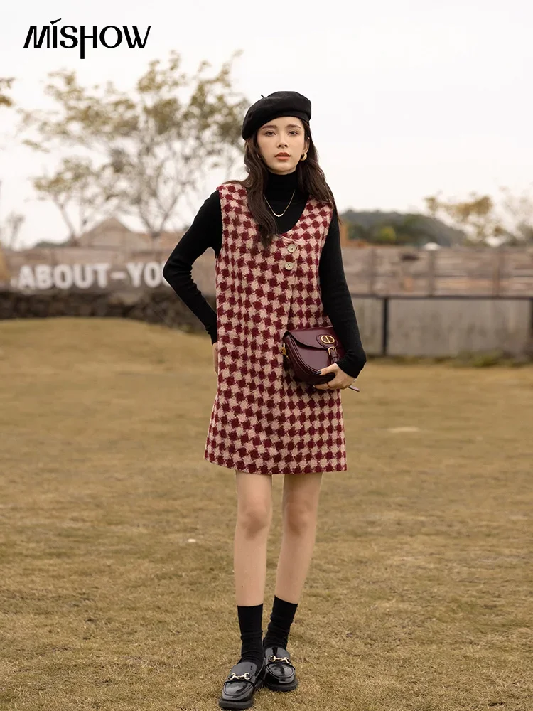 MISHOW Plaid Vest Dress Winter Vintage Womens Dresses Aline Vneck Sleeveless Woolen Vestidos Chic Female Clothes MXB47L1332