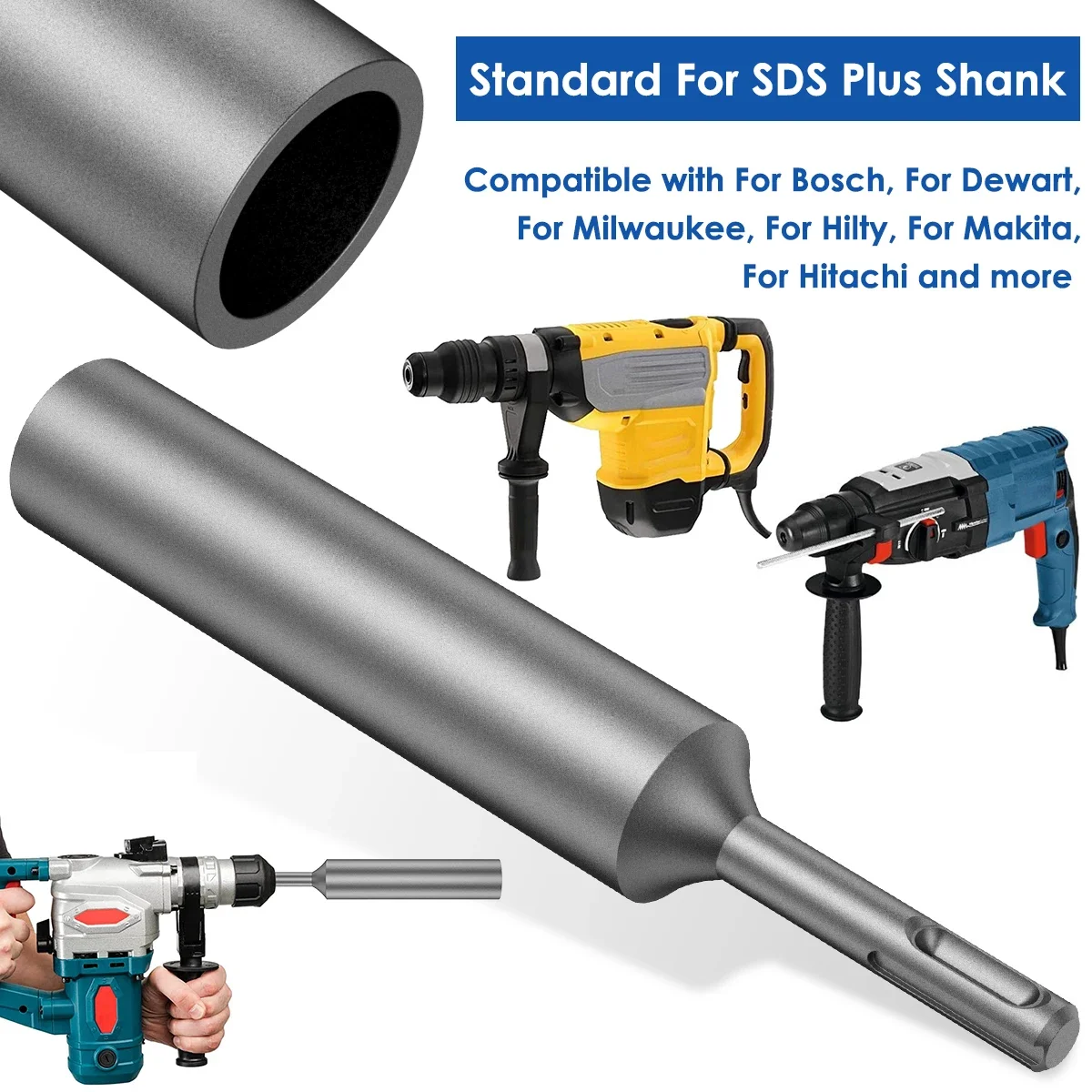 SDS Plus Ground Rod Driver Steel Drill Bit Driver Wear Resistant Rotary Hammer Drill Power Tools for 5/8Inch and 3/4Inch Bit