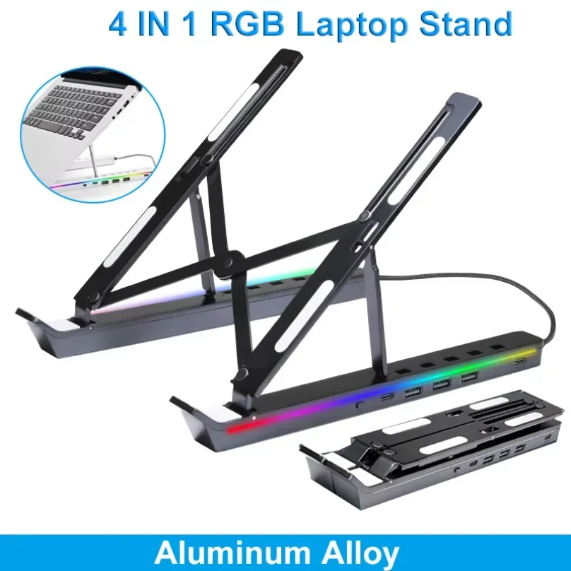 Foldable Laptop Stand 4IN1 USB RGB Stand Portable Notebook Bracket Support Base Aluminum Alloy Holder For Macbook PC Accessories