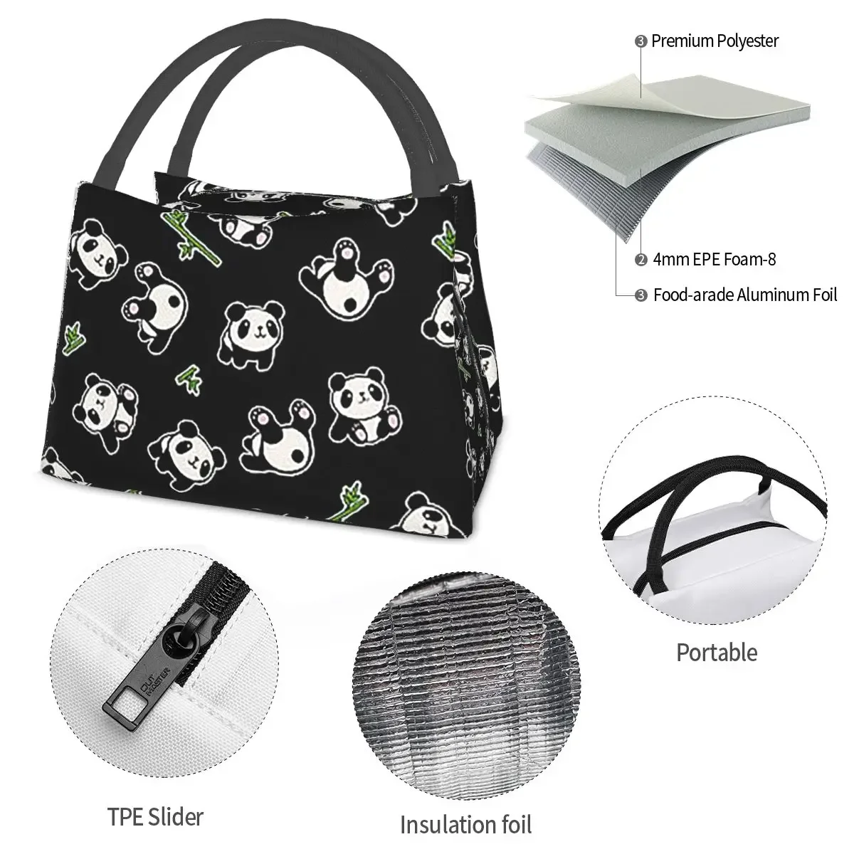 Panda Pattern Lunch Bags Insulated Bento Box Waterproof Lunch Tote Picnic Bags Cooler Thermal Bag for Woman Children Work