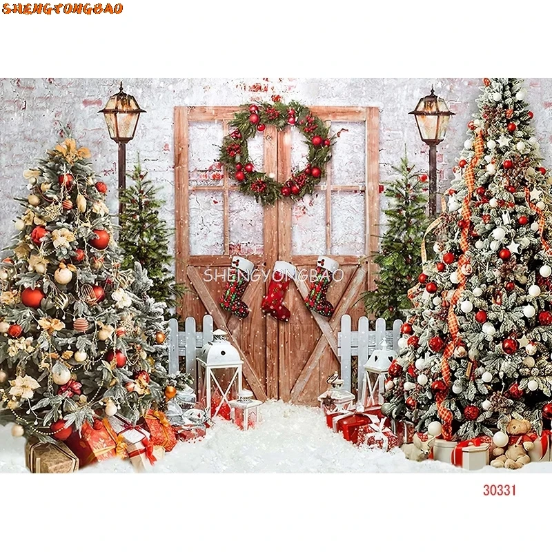 SHENGYONGBAO-01 Christmas Tree Background Prop, Window Wreath, Fotografia Backdrop, Portas De Madeira, Boneco De Neve, Cinema, Pinho, Ano Novo