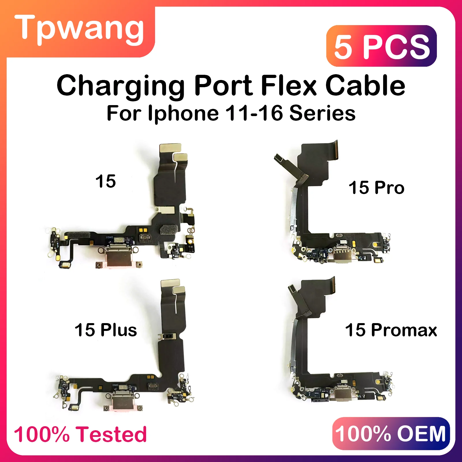 5Pcs Charging Port Flex For iPhone  11 13 14 15 16 Pro Max plus Mini Dock Charger Connector With MicroPhone Headphone Flex Cable