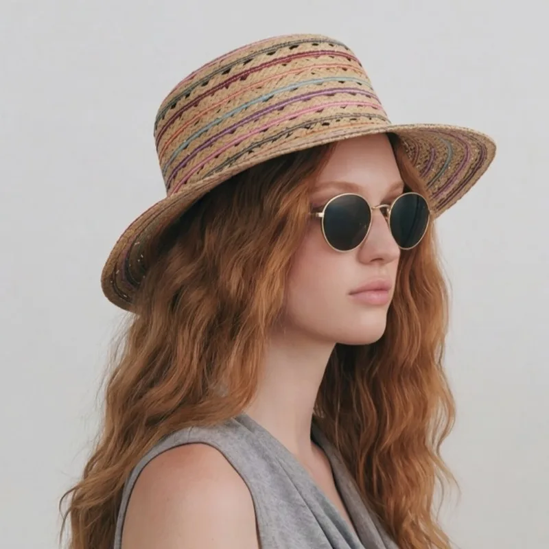 USPOP Women Colorful Raffia Straw Boater Hat Wide Brim Breathable Resort Beach Sun Hat Flat Top Summer Hat