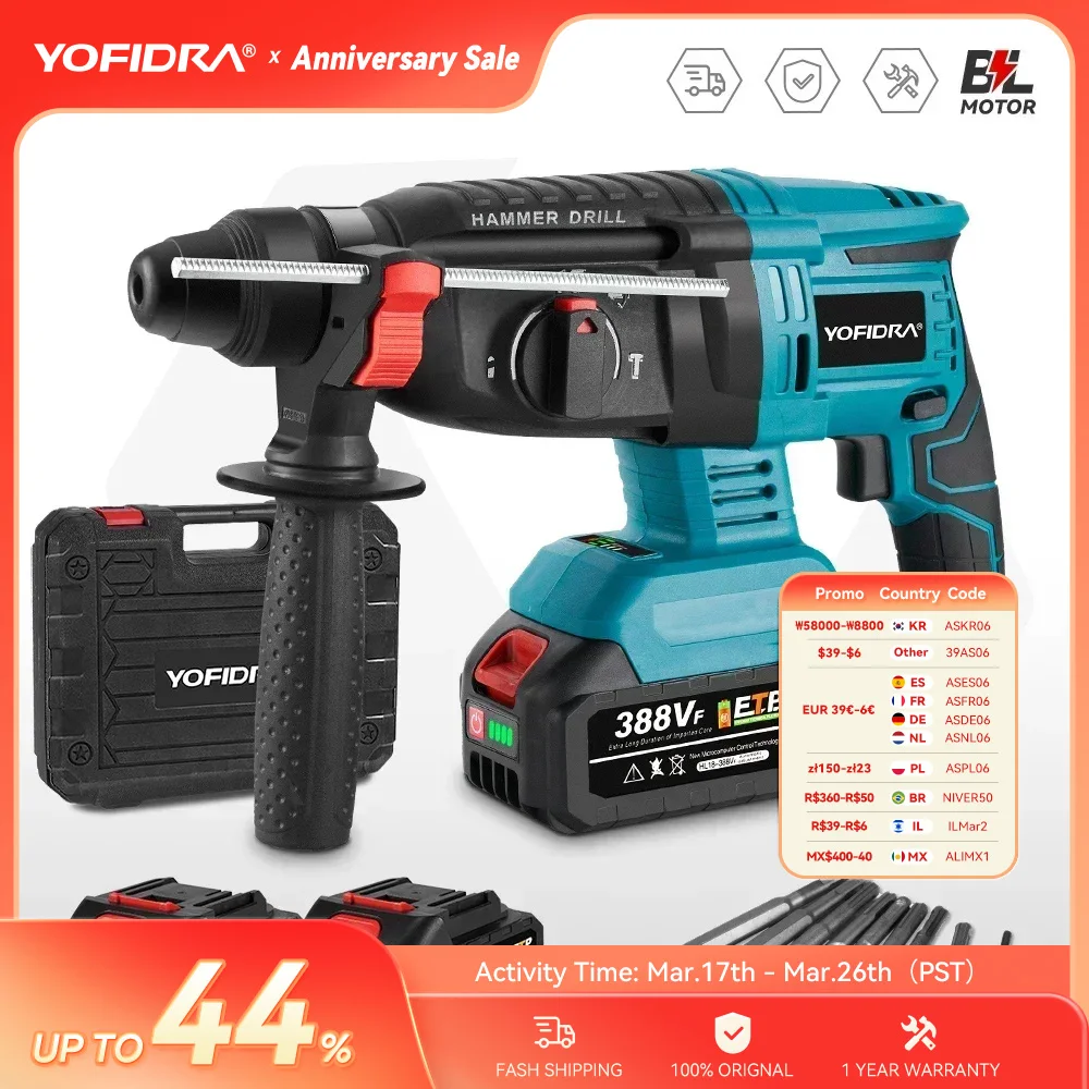 YOFIDRA 26MM Brushless Electric Hammer Drill Multifunctional Rotary Cordless Rechargeable Power Tools For Makita 18V Battery