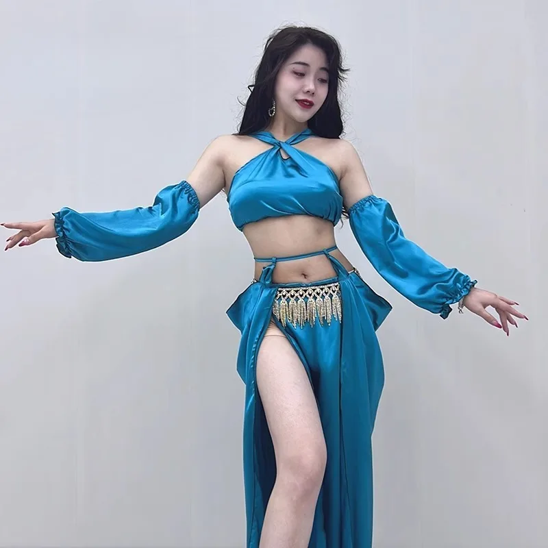 costumi di danza del ventre personalizzati abbigliamento da prestazione set di tute da allenamento sexy di fascia alta esotiche per maniche a lanterna con gonna superiore da donna